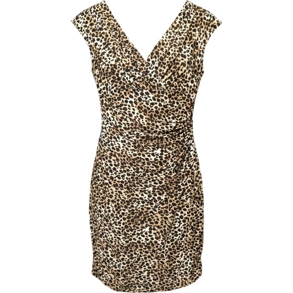 Evan Picone Ruched Leopard Bodycon Pencil Cap Sleeve Wrap Dress Womens 8 M